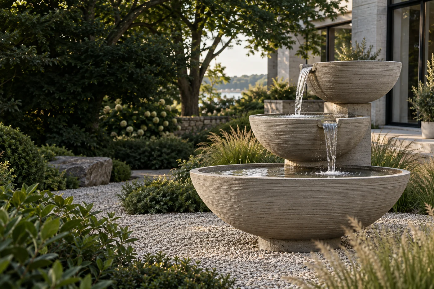 Concept of a layered concrete fountain in a lush landscaped garden